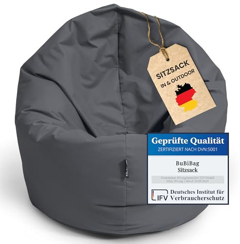 BuBiBag 2in1 Sitzsack Sitzkissen mit Füllung |Medium Ø: 110 cm, Anthrazit | Indoor & Outdoor Beanbag | Geeignet für Kinder Innen- & Außenbereich Kinderzimmer | Wasser- & Schmutzabweisend Wetterfest