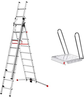 Hailo S100 ProfiLOT 3-teilige Alu-Kombileiter mit Lot-System, gleicht Unebenheiten aus, 2 x 9 + 1 x 8 profilierte Sprossen belastbar bis 150 kg, inkl. Einhängetritt, Leiter rostfrei, Silber