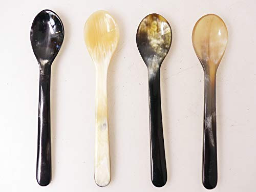 4 Stück Horn Eierlöffel gerade lebhaft gemasert 1A Qualität = 12 cm Laffe 25 x 35 mm Naturlöffel Öko Handarbeit Fair Handel