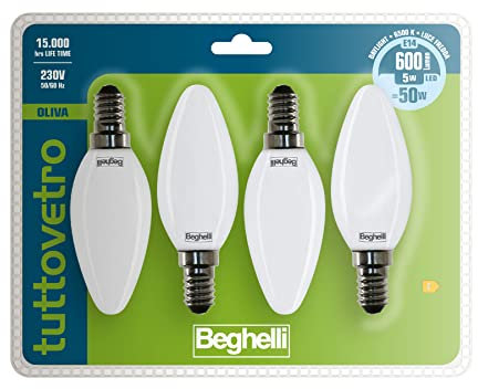 Beghelli - Lampadina LED TUTTOVETRO E14 Luce Fredda, 5W, 600lm, 6500K, Vetro Opale, Efficiente, Facile Installazione, 15000 Ore Durata, Gruppo 4pz, Colore: Luce Fredda