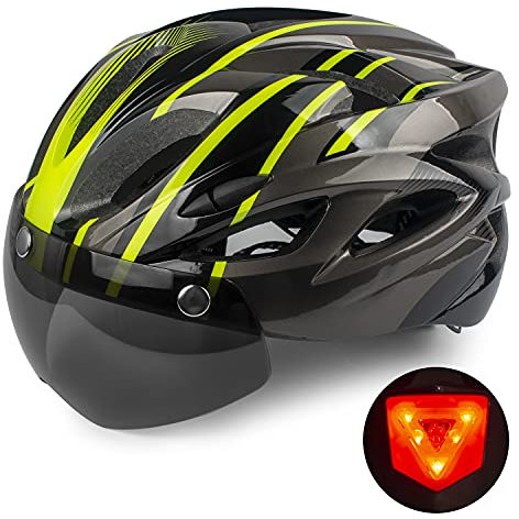 Shinmax Fahrradhelm Herren Damen,Fahrradhelm mit Visier Abnehmbarer Schutzbrille MTB Helm mit LED Rücklicht Sicherheitsschutz für Erwachsene Radhelm Einstellbarer (schwarzgrünes Titan)