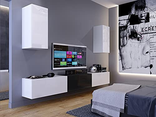 Furnitech Wohnwand Wohnzimmer | Wohnzimmer Möbel mit LED RGB - 16 Farben | Hängend Wohnwand Modern | Wohnzimmer Schrankwand mit Regale und TV Schrank (Markus AN24-18BW-HG4 1A Klein)
