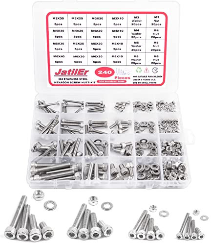JatilEr 240pcs M3 M4 M5 M6 Zylinderschrauben mit Innensechskant Schrauben Set, A2-70 Sechskantschrauben 304 Edelstahl Sechskopf Fahrrad Schrauben Muttern und Unterlegscheiben Metrisch Gewindeschrauben