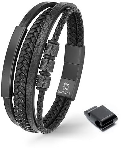 UNIQAL | Lederarmband Herren BLACK SHAPE Mens Bracelet | Edelstahl, Echtleder | Etui Box Gratis