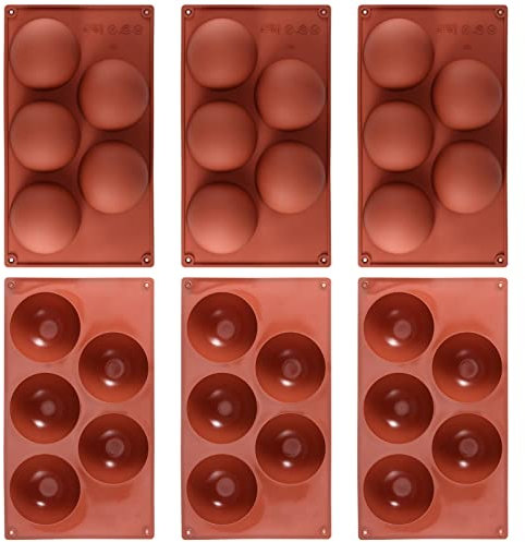 JAPCHET 6 Pack 8 cm 5 Cavity Silicone Baking Moulds, Half Sphere Cake Moulds for Making Chocolate, Dome Mousse Cake, Brown
