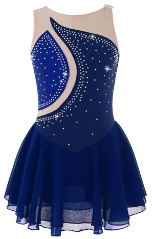 Alvivi Maillot Competicion Patinaje de sin Manga para Niñas Vestidos de Baile Patinaje Artístico Maillot Ballet con Falda Malla de Gimnasia Vestido de Bailarina Y Azul Oscuro 11-12 años