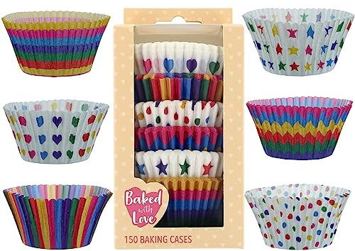 Baked with Love 50mm Rainbow Cupcake Cases - 150 Pack | Greaseproof Paper, Stars, Stripes & Hearts Print, 37mm Height, 25 Cases Per Colour
