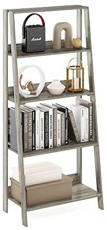 Furinno LADDER Book Shelf, 5-Tier Ladder Shelf, Bookshelf, Display Storage Shelves, 13 x 23.6 x 53.5, for Living Room, Home Office, French Oak