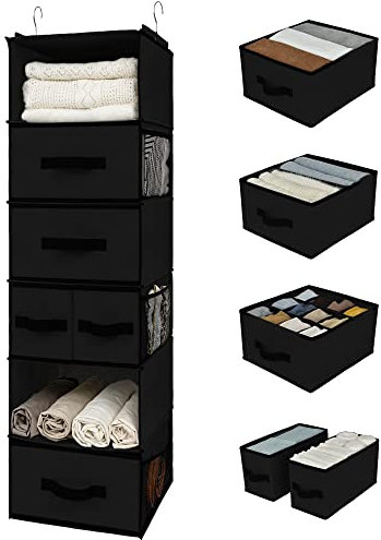 GRANNY SAYS 6-Shelf Hanging Storage Organiser with Drawers, Pack of 1 Collapsible Hanging Wardrobe Storage Organiser, Black Wardrobe Tidy Space Saver for Bedroom Closet Organising Accessories Socks