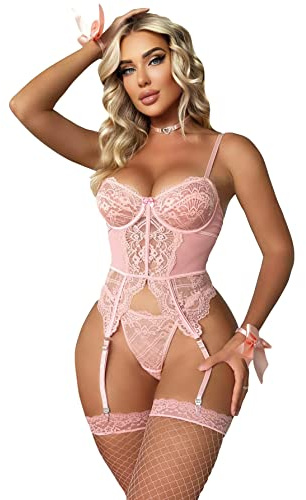 WDIRARA Women's Sexy Lingerie Set Floral Lace Garter Bustier Lingerie Set with 1Pair Fishnet Stocking Light Pink L