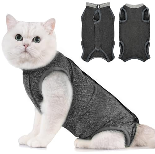 Avont Traje de Recuperación para Gatas Esterilizadas, Ropa Postoperatoria Protectora Antilamido, Chaleco para Cirugía y Heridas Abdominales (Gris Oscuro,M)