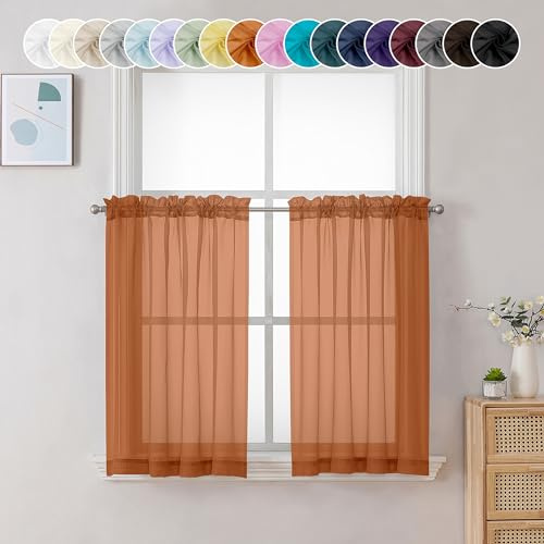 Chyhomenyc Sheer Orange Tier Curtains - 24 Inch Length, Small Window Treatment for Bathroom, Living Room, Basement - Short Rod Pocket Cafe Curtains, 42W x 24L Inches, 2 Panels