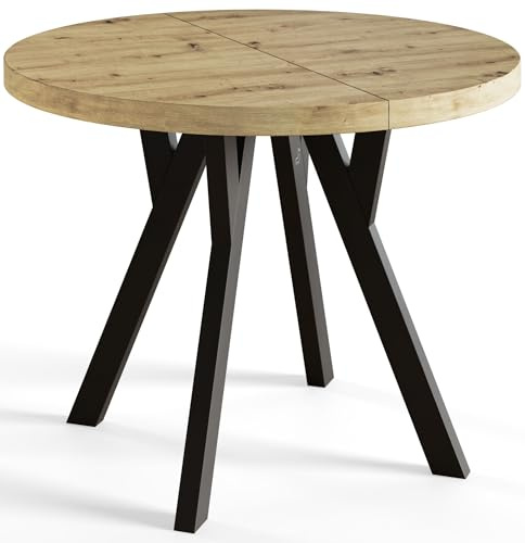 AlpiMeble Runder Esstisch ausziehbar – Moderner Wohnzimmertisch und Küchentisch – Tisch mit Stabile Konstruktion, Durchmesser 90 cm - 190 cm - Farbe Artisan - Kollektion OVO