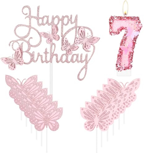 Glad 7:e Fjäril Födelsedags Ljus - Rosa Nummer 7 Med Tårta Cupcake Topper För Flickor - Tårtdekorationer För Temafest