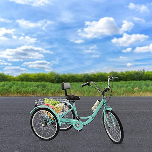 Cykelstadscykel 24 tum 7-växlad 3-hjulshopfallbar tricycle med LED-lampa klocka och grönsakskorg vikbar vuxen äldre cykel