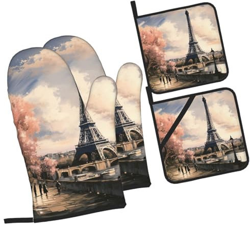 Ofenhandschuhe und Topflappen, 4er-Set, Vintage-Stil, Eiffelturm, Paris, lustiger Ofenhandschuh, Küchenhandschuhe, rutschfest, hitzebeständig, Topf-Pads zum Kochen, Backen, Grillen