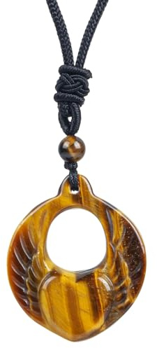Lovionus89 Angel Wings Heart-Shaped Stone Pendant, Adjustable Black Cord Heart Love Healing Crystal Necklace, Tiger's Eye