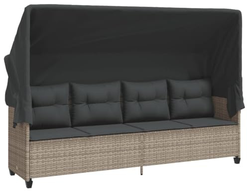 vidaXL Sonnenliege mit Dach und Kissen Hellgrau Poly Rattan