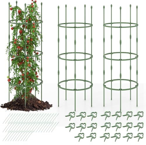 HOMASIS Tomaten Rankhilfe, Pflanzenhalter 2er/3er Set, Pflanzenstütze höhenverstellbar, Tomatenkäfig mit 2/3 Ringe, Rankgitter Metall&Kunststoff, für Kletterpflanzen Gurken Blumen, Grün (154cm,3 Pack)
