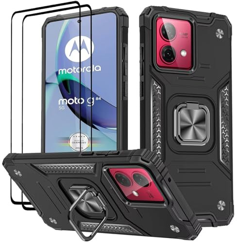 KANSi Funda para Motorola Moto G84 / G84 5G, Cristal Vidrio Templado [2 Piezas] Capa Anillo iman Soporte Hard PC y Silicona TPU Antigolpes Armor Carcasa - Negro