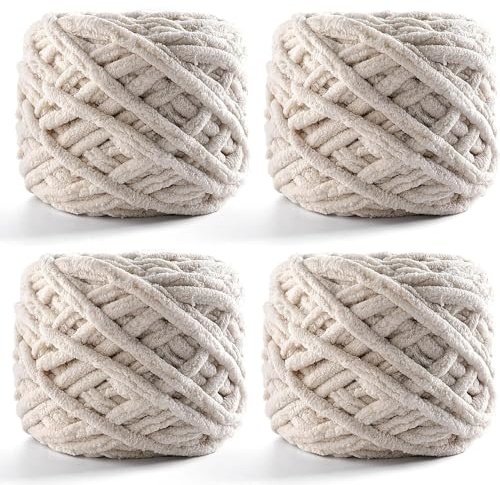 Grobes Häkelgarn, farbiges Strickgarn zum Häkeln, Stricken, langlebig, maschinenwaschbar, Strickwolle für Garnprojekte, handgefertigte Taschen, Hüte, Decken, 4 Stück (Kuaki Weiß)