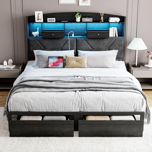 DOGIBIXO Full Size Black Bed Frame with 4 Storage, Upholstered Velvet Platform Bed Frames with Button Tufted Headboard Led Lights, Wooden Slats Support, No Box Spring Needed, Black