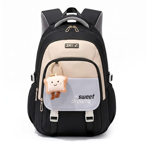 Amythe Schulrucksack Teenager - 36L Schulranzen für Mädchen ab 5. Klasse, Großer Rucksack für Mittel- und Oberstufe, Lässiger Kinderrucksack mit Süßem Anhänger und Trolleyband, Schwarz | 30L Großer, Leichter Rucksack für Mittel- und Oberstufe, Lässiger Kinderrucksack mit Süßem Anhänger und Trolleyband