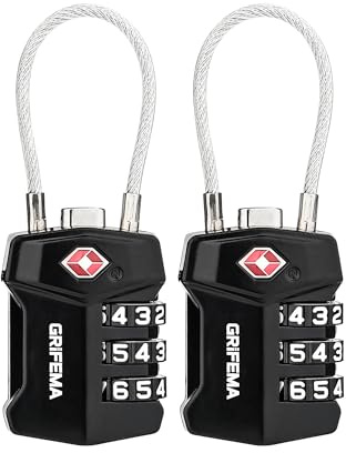 GRIFEMA [2-pack] TSA-bagagelås, säkerhetslås med kod 3 siffror och anti-klippkabel, perfekt för gym och resor (GA1006-2)