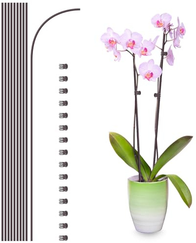 10 picchetti di supporto per piante con 15 clip per piante, bastoncini per piante da interno ed esterno, clip e picchetti per orchidee, 40,6 cm di altezza, pieghevoli, a stelo singolo, colore marrone,