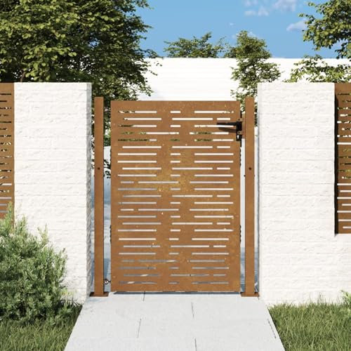 Sufrk Puerta de jardín de 105 x 130 cm de acero Corten Design cuadrada, puerta para jardín con red con cerradura y asas estable y duradera, entrada o valla de acero galvanizado
