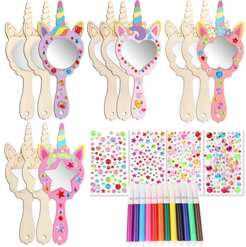 BETESSIN 12 Pcs Unicorn Craft Set Children's Mirror for Painting Mini Wooden Princess Mirror Children's Creative Craft for Holiday Decoration Party Decoration