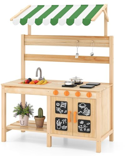 HONEY JOY Mud Kitchen with Canopy, Fir Wood Outdoor Play Kitchen for Toddlers, Faucet & Sink, Blackboard, Cookware, Storage, Mud Table, Mud Kitchen for Kids Outdoors Backyard, Natural (Green Canopy)