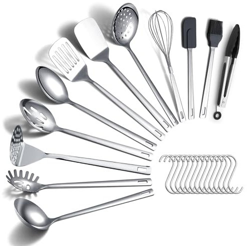 ReaNea Juego de utensilios de cocina de acero inoxidable de 26 piezas, juego de espátulas de metal resistentes y resistentes con ganchos pulidos a espejo duraderos para todas las tareas de cocina