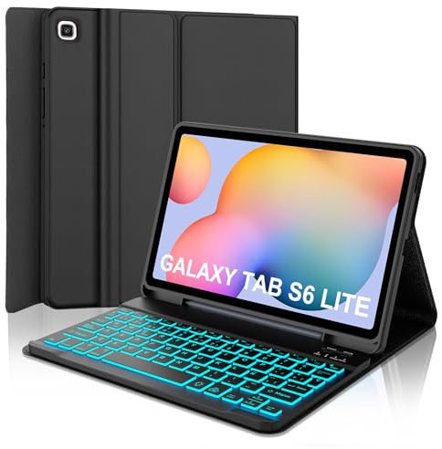 WAVATA Funda con Teclado para Samsung Galaxy Tab S6 Lite 10.4, Tecla España Ñ para Galaxy Tab S6 Lite 10.4''，Retroiluminado Bluetooth Desmontable Teclado para Samsung Tablet S6 Lite- Negro