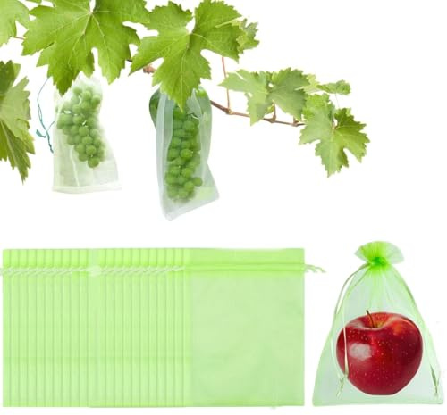 100 Stück Obstschutzbeutel, Organzabeutel mit Kordelzug, Traubenschutzbeutel, Schutz vor Vögeln, Insekten, Vespen, wiederverwendbar für Gartenfrüchte (17 cm x 23 cm)