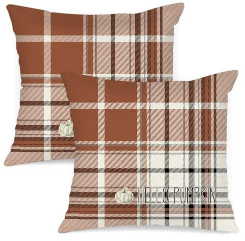 Benjia 45x45 Autumn Cushion Covers Set of 2, Brown Grey and white checkered Decorative Holiday Pillow Case 18 x 18 Inch Fall Throw Pillow Covers for Indoor Home Bedroom Sofa Decor 45 x 45 cm