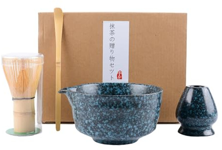 Ensemble de 4 fouets à matcha, service à thé matcha élégant comprenant un bol à matcha avec bec verseur et fouet, un support pour fouet à matcha, un fouet à matcha en bambou et une cuillère (bleu