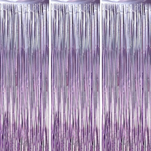 Voircoloria Confezione da 3 tende con frange in lamina di lavanda da 1 x 2 m, decorazioni per feste, sfondo a frange per compleanno, baby shower, rivelazione di genere, laurea | Decorazioni per feste di compleanno, baby shower, rivelazione di genere, laurea