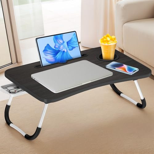 Huracan Laptoptisch Betttablett Klappbar, Tragbares Laptop Tisch für Bett, Lapdesk mit Schublade und Tassenhalter, ständer Bett Tabletttisch, Laptop-Schreibtisch für Couch, Boden (60 * 40cm, Schwarz)