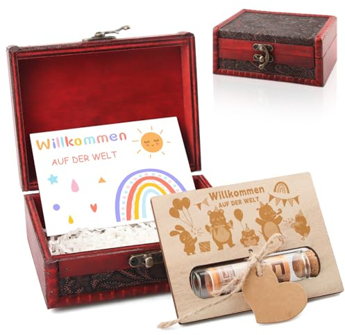 EKKONG Geschenke zur Geburt für Mädchen/Junge, Babygeschenke mit Geburt Premium Grußkarten aus Holz, Schatzkiste, Karte Geburt, Willkommen Babygeschenke zur Geburt Geldgeschenke Verpackung