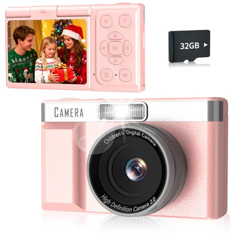 Appareil Photo Enfant FHD1080P, Appareil Photo Numérique 32 Go, équipé d'un écran Basculable 180° 2'', Batterie 1200mAh Appareils Photos Numériques pour Enfants 5 Jeux Puzzle, Cadeaux pour Enfants.