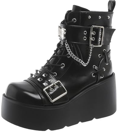 BEDGMDEG Women'S Rivet Wedge Gothic Ankle Boots Fashionable Round Toe Chunky Platform Non-Slip Lace-Up Punk Short Boots For Party, Campus, Date (black,4.5)