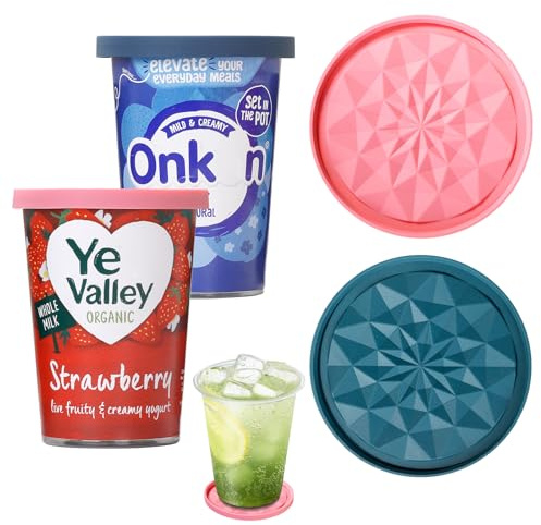 yogurt pot lids 500g, 2-pack silicone lids for yoghurt pots, Large reusable silicone lid, can be turned over to be used as a coaster, suitable for cup lids, coasters (blue+pink)