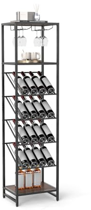 GOPLUS Casier à Bouteilles pour 16 Bouteilles, Range Bouteille Autoportant avec 2 Rangées de Porte-Verres & 3 Étagères de Rangement, Anti-Basculement, Industriel, pour Cuisine, Bar, Salle à Manger