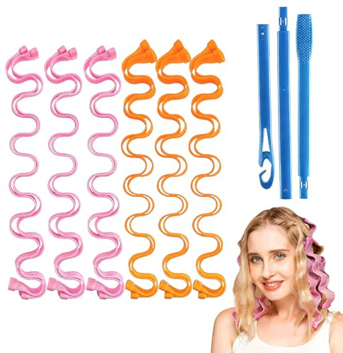 12 Rulos en Espiral Sin Calor, Bigudíes Sin Calor de 50cm para Cabello Largo con Clips, Varillas Nocturnas para Ondas y Rizos Saludables