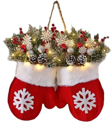 lmoikesz Funkelnder Weihnachts-Handschuh-Kranz mit Lichtern, künstliche Tannenzweige, rote Beeren, bereiften Tannenzapfen, festlicher Handschuh-Weihnachtskranz für Haustür, Kamin, Fenster, Innen- und