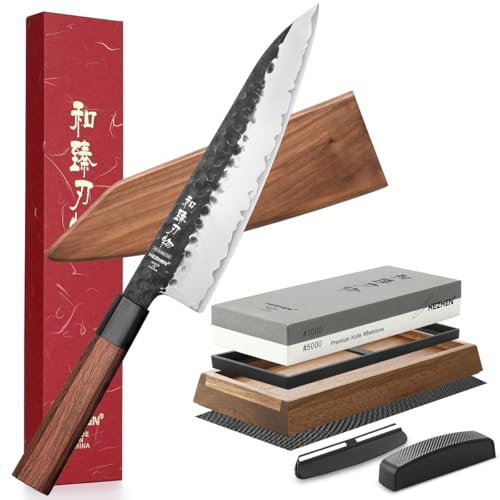HEZHEN Cuchillo de Chef de Acero Compuesto con Vaina de Madera con Piedra de Afilar 1000/5000 Doble Cara