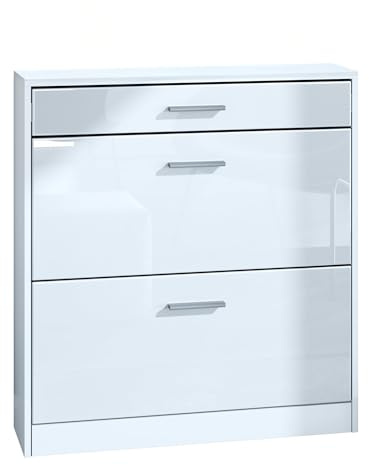 InnoFurn Schuhschrank Roma Schmal mit 2 Klappen und 1 Schublade, Platzsparender Schuhkipper Flurschrank für Diele Flur Garderobe, Weiß matt/Weiß Hochglanz (89 x 95,5 x 23 cm)