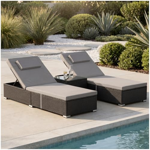 TecTake® Doppelliege für 2 Personen, 6-Fach verstellbare Rückenlehne, inkl. Tisch, wetterfest, 200 kg belastbar Doppel-Sonnenliege, Zweisitzige Liege, Rattan Doppel-Lounger, Gartenliege - schwarz