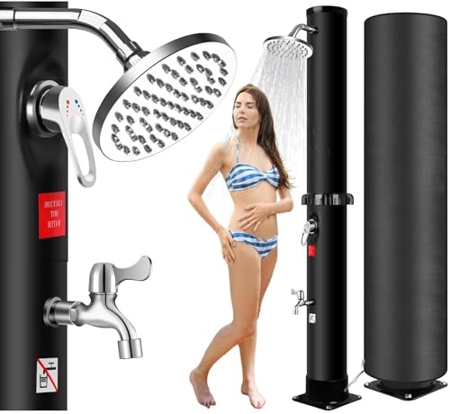 Ducha Solar para Jardín 35 L, Ducha Exterior Piscina con Cubierta Antipolvo, Depósito Solar, Ducha de Pies, Rociador 360°, Regulador Agua Fría/Caliente, Negro, para Patio